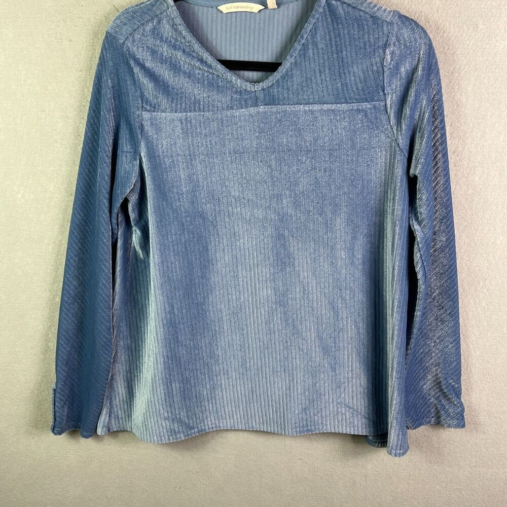 Soft Surroundings Blouse Women Medium Velour Pullover Blue Striped  Knit Ribbed